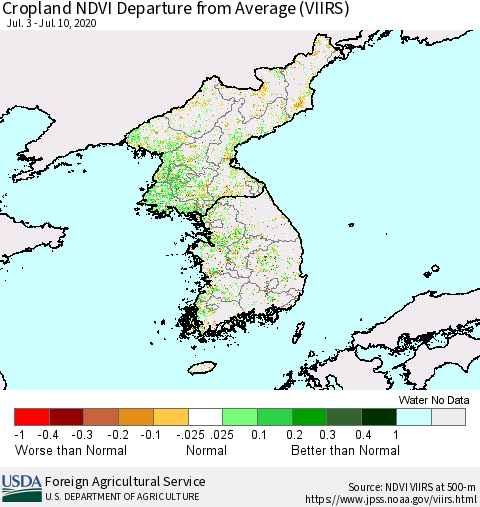 Korea Cropland NDVI Departure from Average (VIIRS) Thematic Map For 7/1/2020 - 7/10/2020