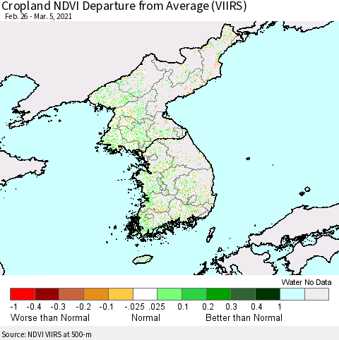 Korea Cropland NDVI Departure from Average (VIIRS) Thematic Map For 2/26/2021 - 3/5/2021