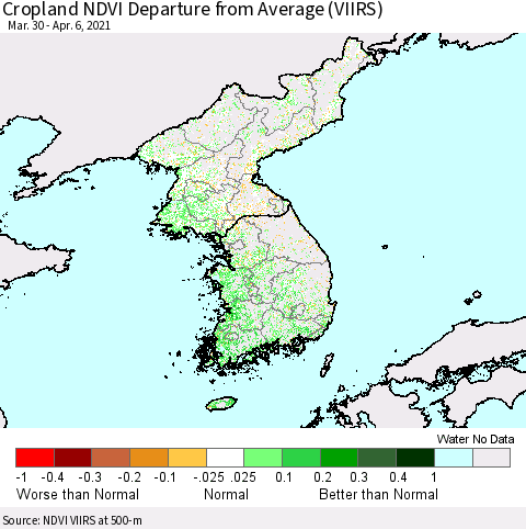 Korea Cropland NDVI Departure from Average (VIIRS) Thematic Map For 3/30/2021 - 4/6/2021