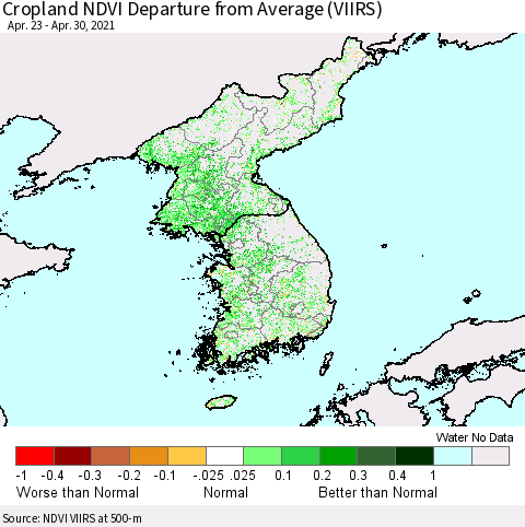 Korea Cropland NDVI Departure from Average (VIIRS) Thematic Map For 4/21/2021 - 4/30/2021