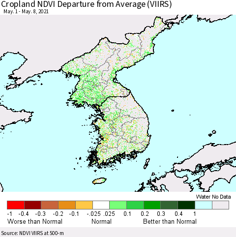 Korea Cropland NDVI Departure from Average (VIIRS) Thematic Map For 5/1/2021 - 5/8/2021