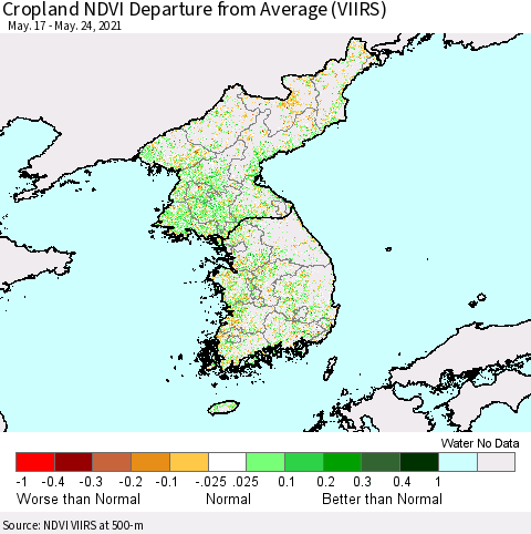 Korea Cropland NDVI Departure from Average (VIIRS) Thematic Map For 5/17/2021 - 5/24/2021