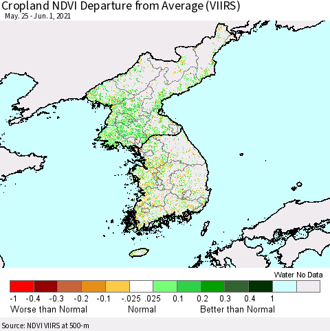 Korea Cropland NDVI Departure from Average (VIIRS) Thematic Map For 5/25/2021 - 6/1/2021