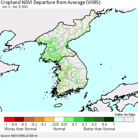Korea Cropland NDVI Departure from Average (VIIRS) Thematic Map For 6/2/2021 - 6/9/2021
