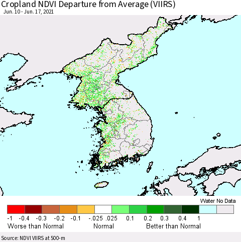 Korea Cropland NDVI Departure from Average (VIIRS) Thematic Map For 6/10/2021 - 6/17/2021