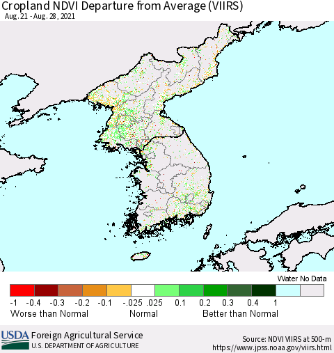 Korea Cropland NDVI Departure from Average (VIIRS) Thematic Map For 8/21/2021 - 8/31/2021