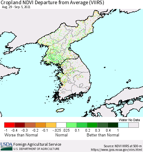 Korea Cropland NDVI Departure from Average (VIIRS) Thematic Map For 9/1/2021 - 9/10/2021