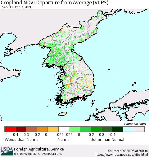 Korea Cropland NDVI Departure from Average (VIIRS) Thematic Map For 10/1/2021 - 10/10/2021
