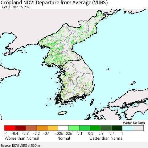 Korea Cropland NDVI Departure from Average (VIIRS) Thematic Map For 10/8/2021 - 10/15/2021