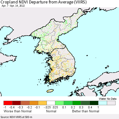 Korea Cropland NDVI Departure from Average (VIIRS) Thematic Map For 4/7/2022 - 4/14/2022
