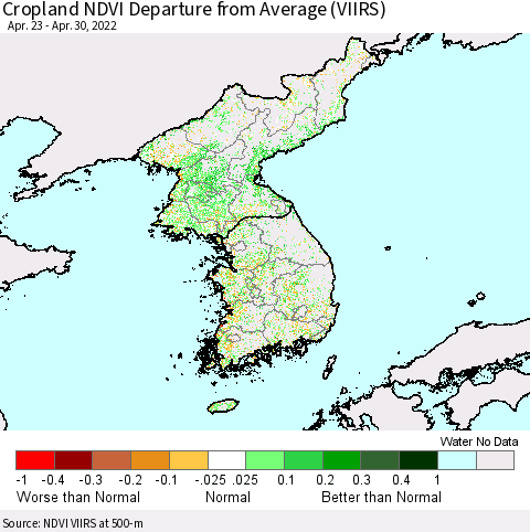 Korea Cropland NDVI Departure from Average (VIIRS) Thematic Map For 4/21/2022 - 4/30/2022