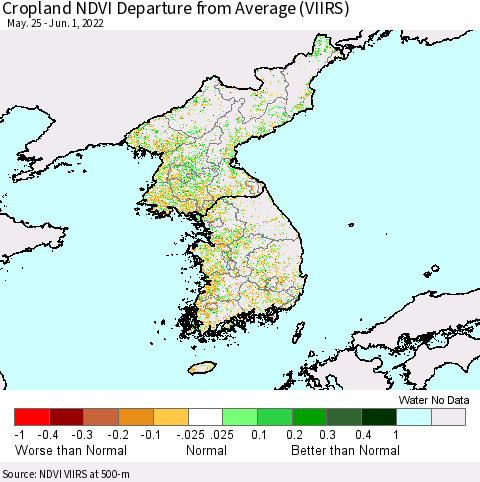 Korea Cropland NDVI Departure from Average (VIIRS) Thematic Map For 5/25/2022 - 6/1/2022