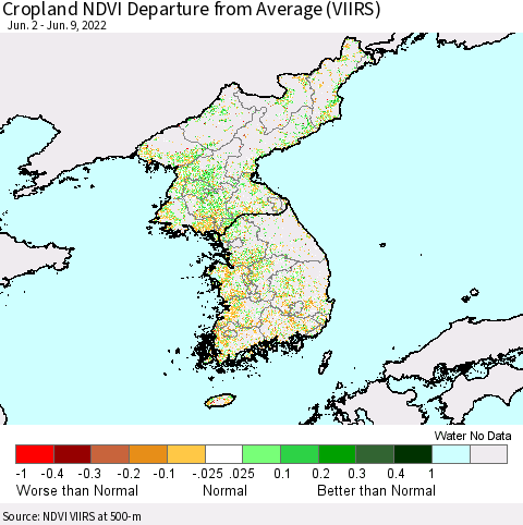 Korea Cropland NDVI Departure from Average (VIIRS) Thematic Map For 6/2/2022 - 6/9/2022