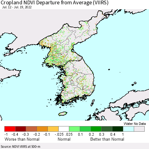 Korea Cropland NDVI Departure from Average (VIIRS) Thematic Map For 7/12/2022 - 7/19/2022