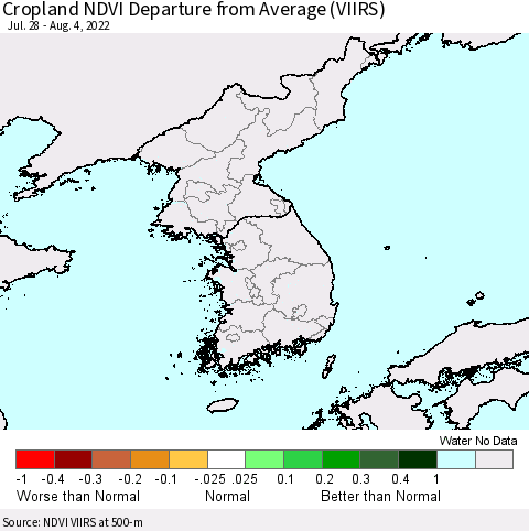 Korea Cropland NDVI Departure from Average (VIIRS) Thematic Map For 7/28/2022 - 8/4/2022