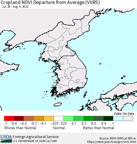Korea Cropland NDVI Departure from Average (VIIRS) Thematic Map For 8/1/2022 - 8/10/2022