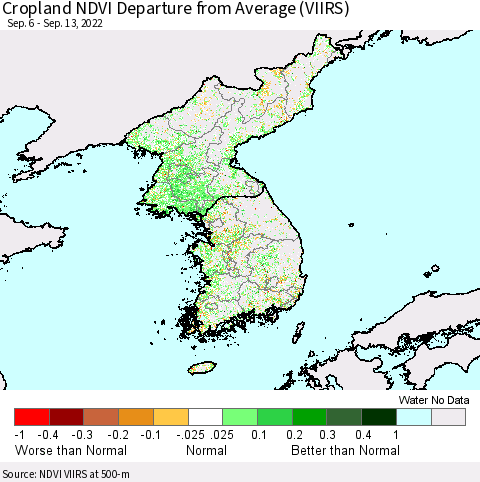 Korea Cropland NDVI Departure from Average (VIIRS) Thematic Map For 9/6/2022 - 9/13/2022