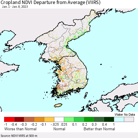 Korea Cropland NDVI Departure from Average (VIIRS) Thematic Map For 1/1/2023 - 1/8/2023