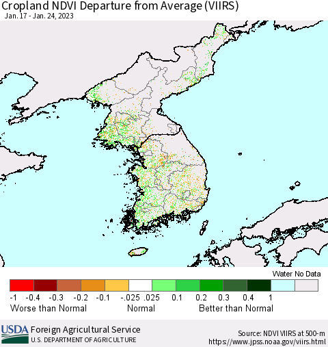 Korea Cropland NDVI Departure from Average (VIIRS) Thematic Map For 1/21/2023 - 1/31/2023
