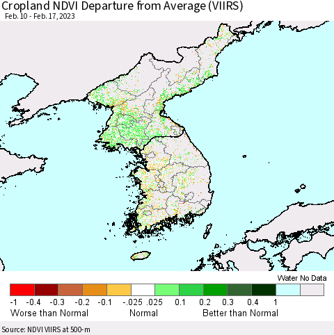 Korea Cropland NDVI Departure from Average (VIIRS) Thematic Map For 2/10/2023 - 2/17/2023