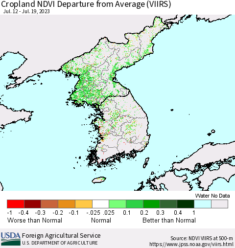 Korea Cropland NDVI Departure from Average (VIIRS) Thematic Map For 7/11/2023 - 7/20/2023