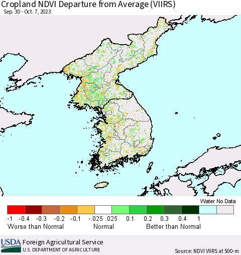 Korea Cropland NDVI Departure from Average (VIIRS) Thematic Map For 10/1/2023 - 10/10/2023