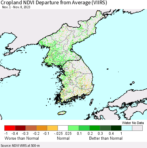 Korea Cropland NDVI Departure from Average (VIIRS) Thematic Map For 11/1/2023 - 11/8/2023
