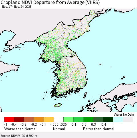 Korea Cropland NDVI Departure from Average (VIIRS) Thematic Map For 11/17/2023 - 11/24/2023