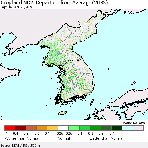 Korea Cropland NDVI Departure from Average (VIIRS) Thematic Map For 4/14/2024 - 4/21/2024