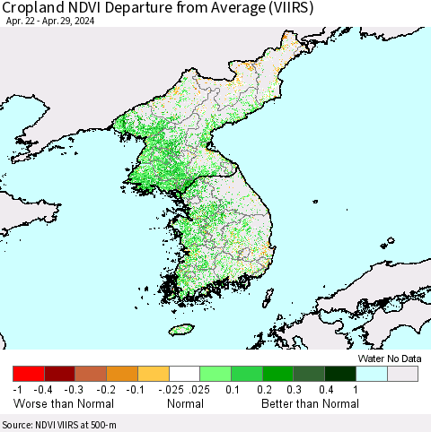 Korea Cropland NDVI Departure from Average (VIIRS) Thematic Map For 4/22/2024 - 4/29/2024