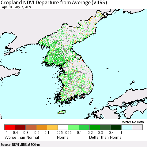 Korea Cropland NDVI Departure from Average (VIIRS) Thematic Map For 4/30/2024 - 5/7/2024