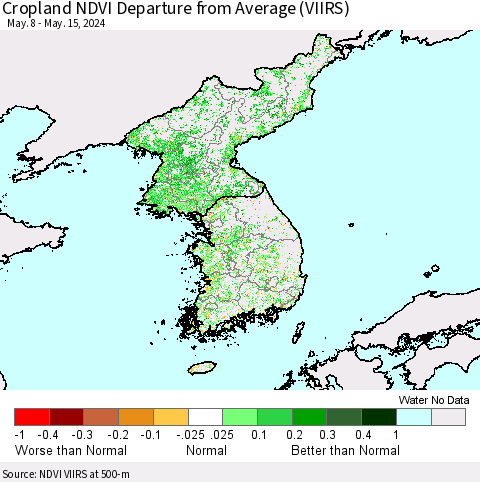 Korea Cropland NDVI Departure from Average (VIIRS) Thematic Map For 5/8/2024 - 5/15/2024