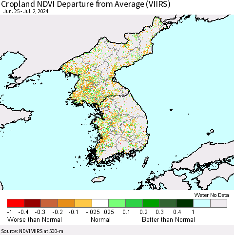 Korea Cropland NDVI Departure from Average (VIIRS) Thematic Map For 6/25/2024 - 7/2/2024
