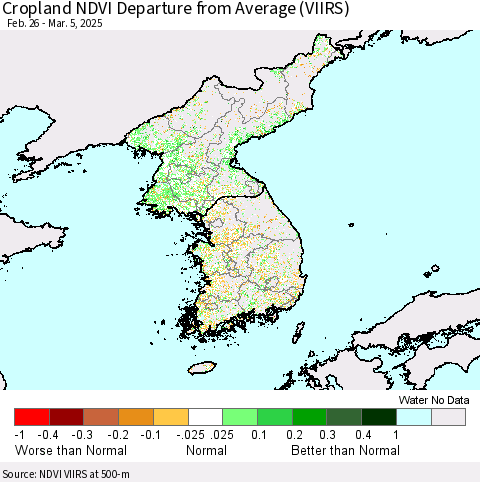 Korea Cropland NDVI Departure from Average (VIIRS) Thematic Map For 2/26/2025 - 3/5/2025