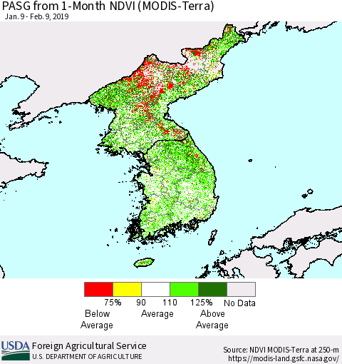 Korea PASG from 1-Month NDVI (Terra-MODIS) Thematic Map For 2/1/2019 - 2/10/2019