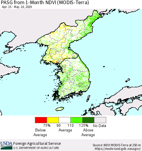 Korea PASG from 1-Month NDVI (Terra-MODIS) Thematic Map For 5/11/2019 - 5/20/2019