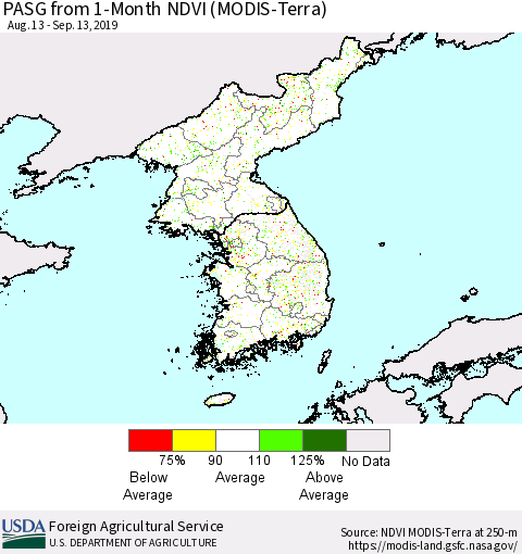 Korea PASG from 1-Month NDVI (Terra-MODIS) Thematic Map For 9/11/2019 - 9/20/2019