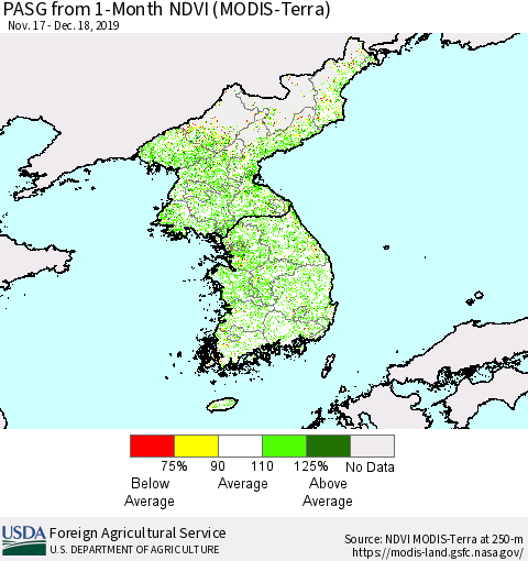 Korea PASG from 1-Month NDVI (Terra-MODIS) Thematic Map For 12/11/2019 - 12/20/2019