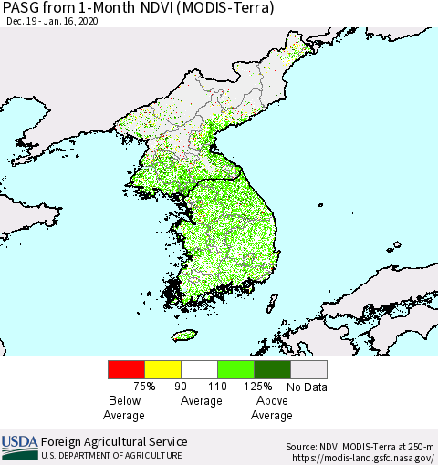 Korea PASG from 1-Month NDVI (Terra-MODIS) Thematic Map For 1/11/2020 - 1/20/2020
