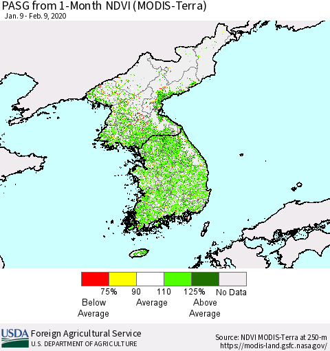 Korea PASG from 1-Month NDVI (Terra-MODIS) Thematic Map For 2/1/2020 - 2/10/2020