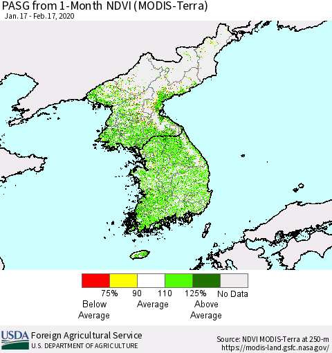 Korea PASG from 1-Month NDVI (Terra-MODIS) Thematic Map For 2/11/2020 - 2/20/2020