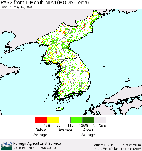 Korea PASG from 1-Month NDVI (Terra-MODIS) Thematic Map For 5/11/2020 - 5/20/2020