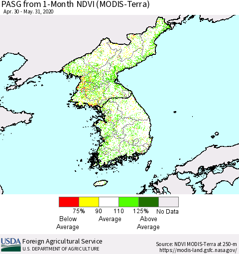 Korea PASG from 1-Month NDVI (Terra-MODIS) Thematic Map For 5/21/2020 - 5/31/2020