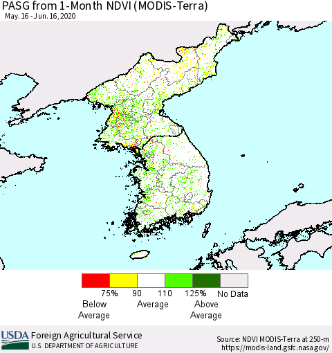 Korea PASG from 1-Month NDVI (Terra-MODIS) Thematic Map For 6/11/2020 - 6/20/2020