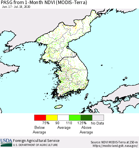 Korea PASG from 1-Month NDVI (Terra-MODIS) Thematic Map For 7/11/2020 - 7/20/2020
