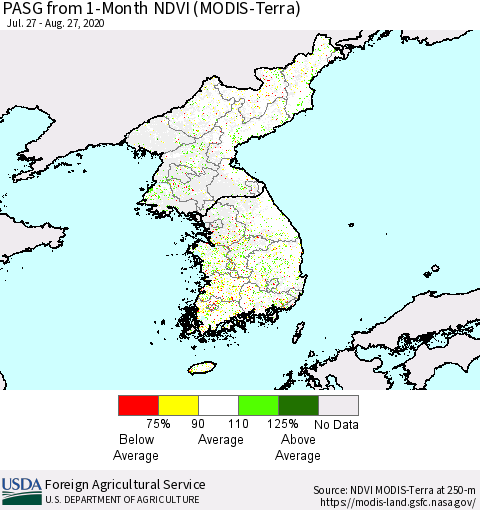 Korea PASG from 1-Month NDVI (Terra-MODIS) Thematic Map For 8/21/2020 - 8/31/2020