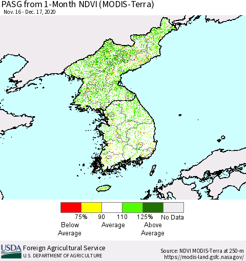 Korea PASG from 1-Month NDVI (Terra-MODIS) Thematic Map For 12/11/2020 - 12/20/2020