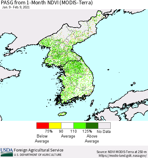 Korea PASG from 1-Month NDVI (Terra-MODIS) Thematic Map For 2/1/2021 - 2/10/2021