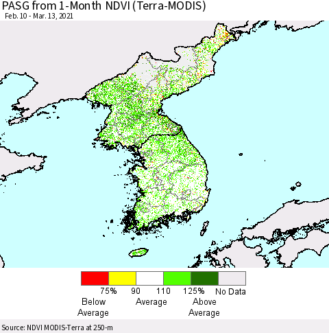 Korea PASG from 1-Month NDVI (Terra-MODIS) Thematic Map For 3/6/2021 - 3/13/2021