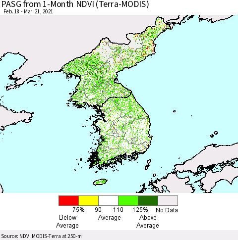 Korea PASG from 1-Month NDVI (Terra-MODIS) Thematic Map For 3/14/2021 - 3/21/2021